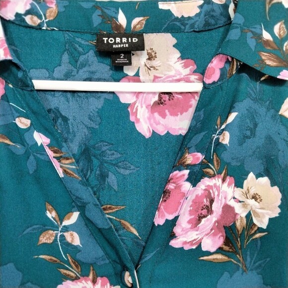 Torrid Harper Blouse Wmns Sz 2 Georgette Teal Floral Long Sleeve Back Tie V-Neck - Picture 7 of 12